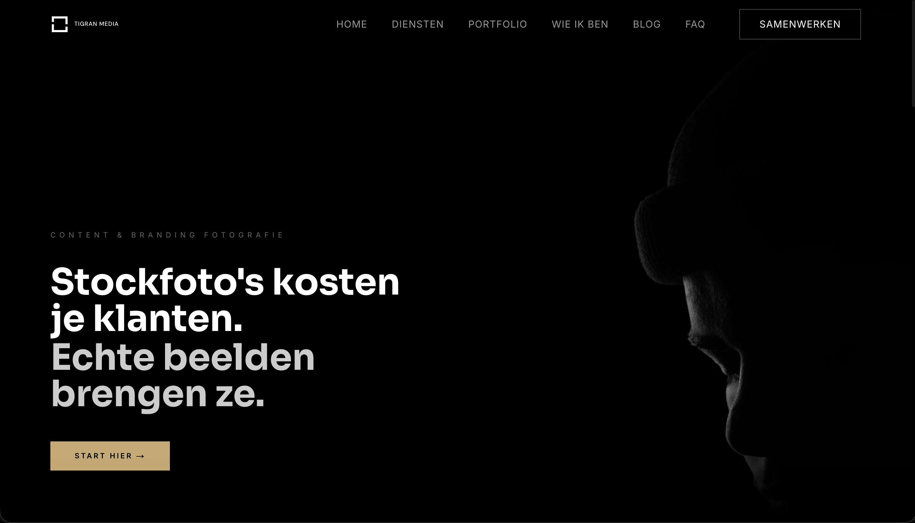 Tweede zicht op tigranmedia.be — dezelfde typografische dichtheid op meerdere viewports.